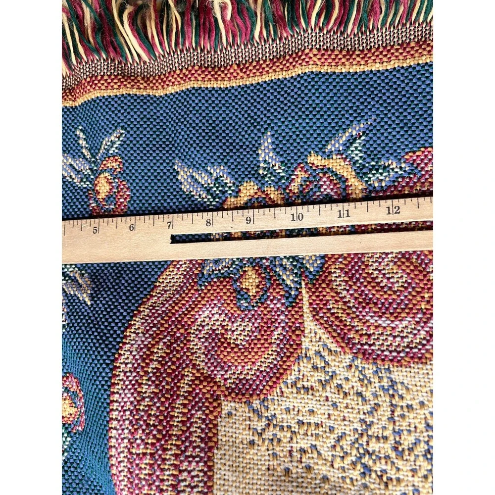 Vintage Woven Tapestry Throw Blanket Angel with Child Floral Fringe 56